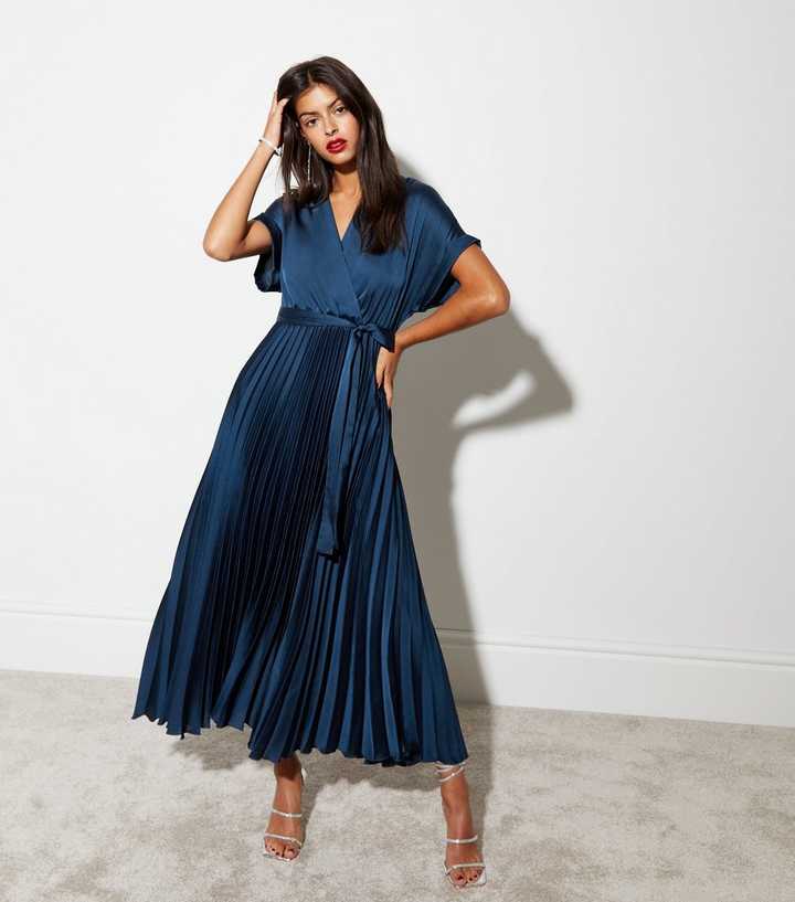 Navy Satin Pleated Midaxi Wrap Dress