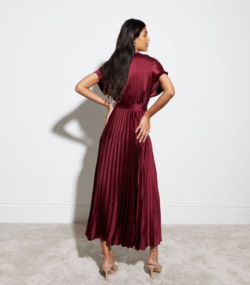 Burgundy pleated cheap midi dress