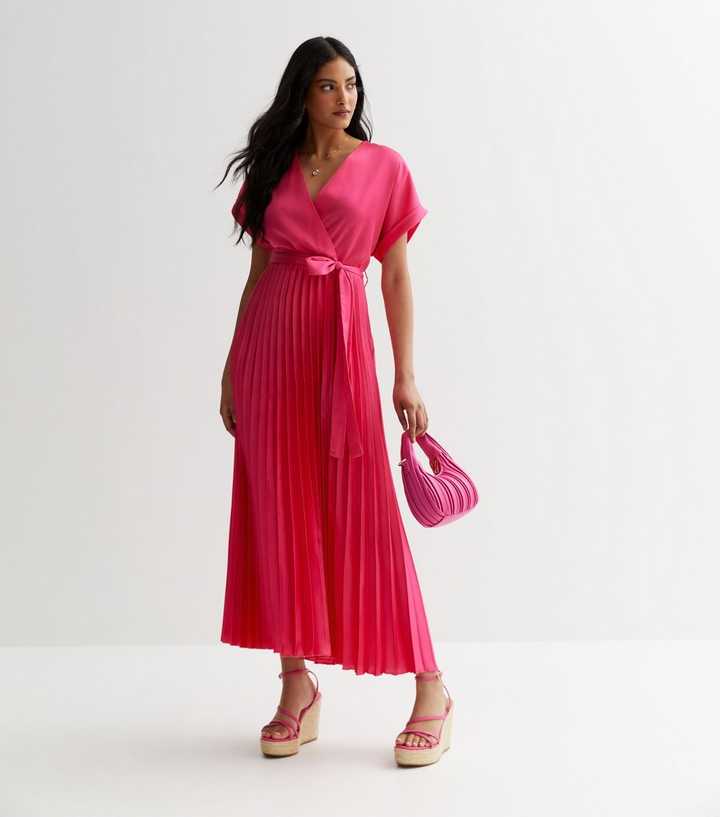 new look red pleated dress Deep Pink Satin Pleated Midaxi Wrap Dress