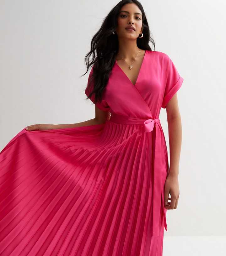 new look red pleated dress Deep Pink Satin Pleated Midaxi Wrap Dress