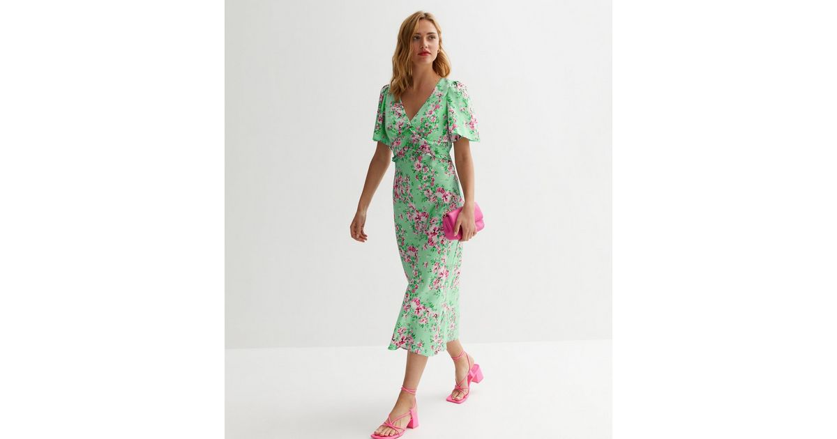 Green Floral V Neck Frill Sleeve Midaxi Dress | New Look