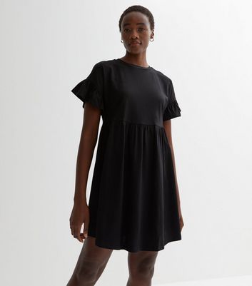 Tall Black Jersey Frill Mini Smock Dress New Look