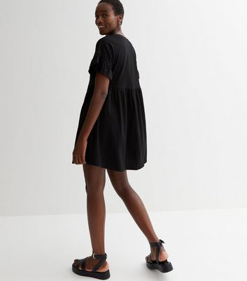 Tall Black Jersey Frill Mini Smock Dress New Look