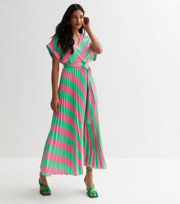 Green Stripe Satin Pleated Midaxi Wrap Dress | New Look