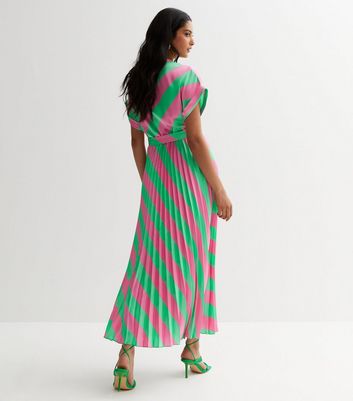 Green Stripe Satin Pleated Midaxi Wrap Dress | New Look