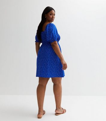 Curves Blue Spotty Puff Sleeve Mini Dress New Look