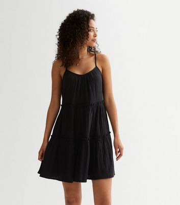 Tall Cotton Black Strappy Tiered Smock Mini Dress New Look