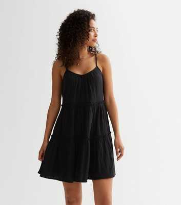 Tall Black Strappy Tiered Smock Mini Dress