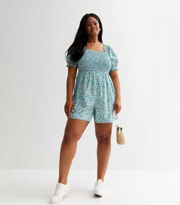 Curves Blue Shirred Puff Sleeve Playsuit