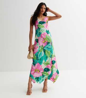 Green Floral Satin Asymmetric Maxi Dress