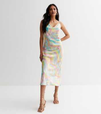 Multicoloured Swirl Satin Cowl Neck Midi Dress