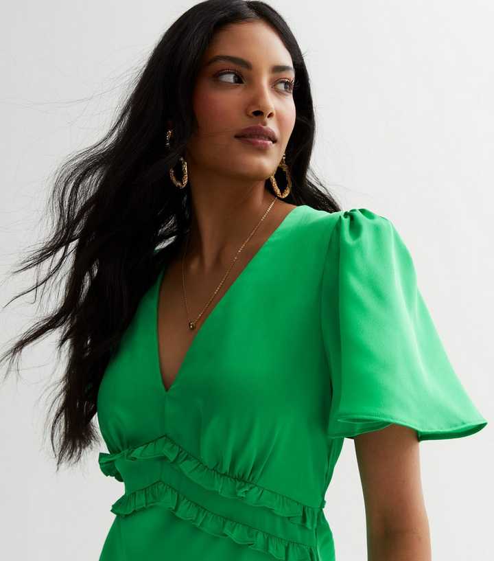 Green Puff Sleeve Frill Midaxi Dress