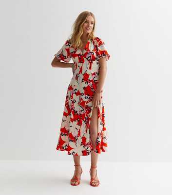 Red Floral Split Hem Midi Dress