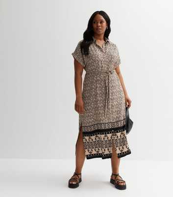 Curves Brown Chevron Midi Shirt Dress