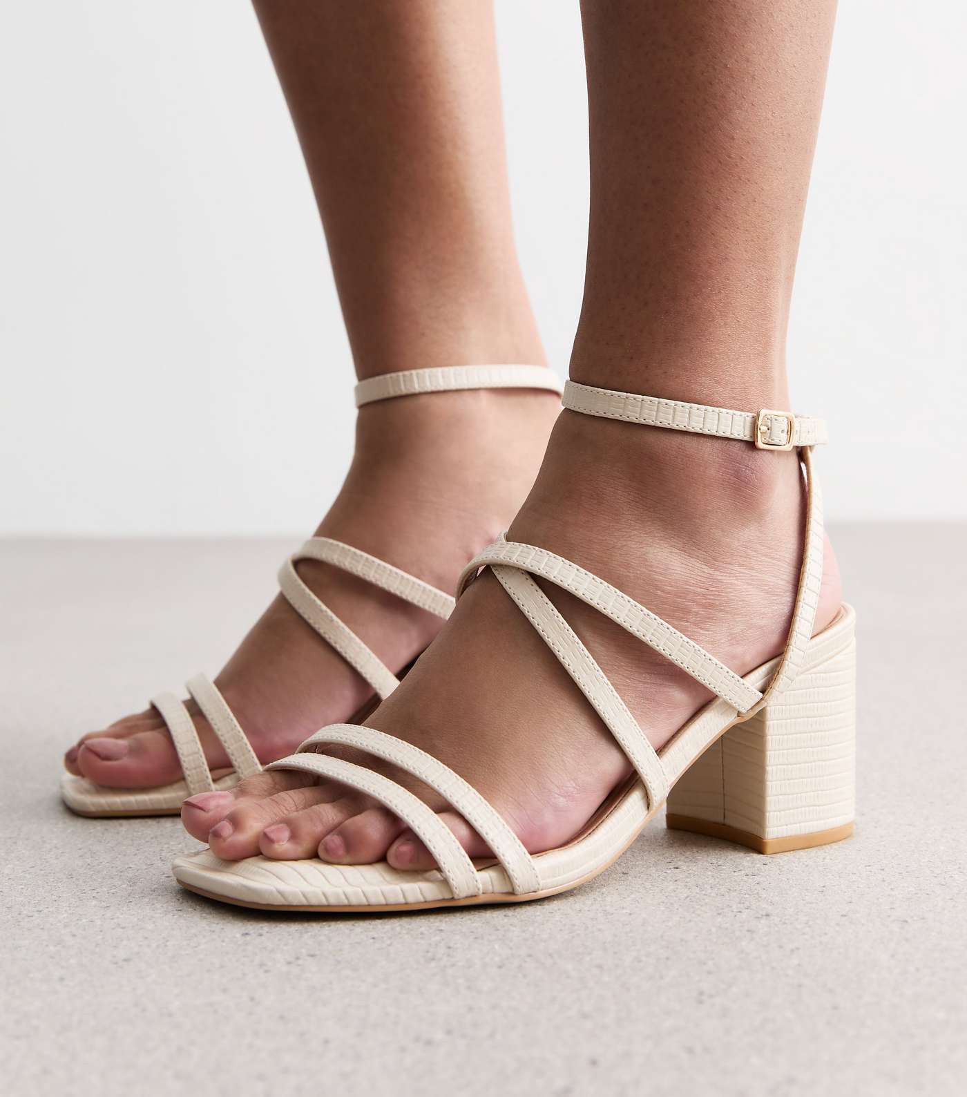 Extra Wide Fit Off White Strappy Mid Block Heel Sandals Image 2