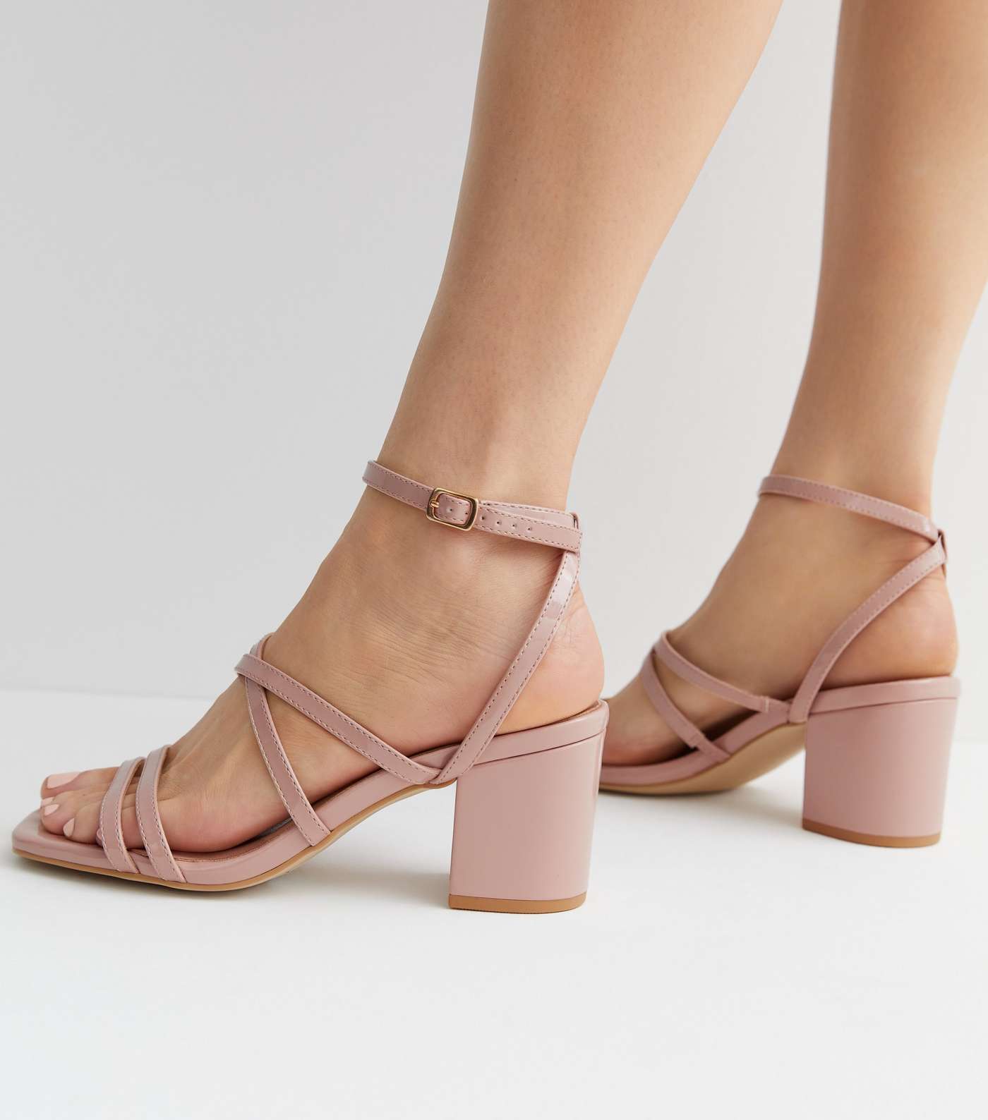 Extra Wide Fit Pale Pink Patent Strappy Mid Block Heel Sandals Image 2