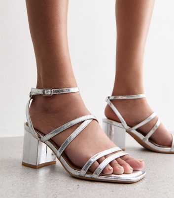 Extra Wide Fit Silver Multi Strap Block Heel Sandals