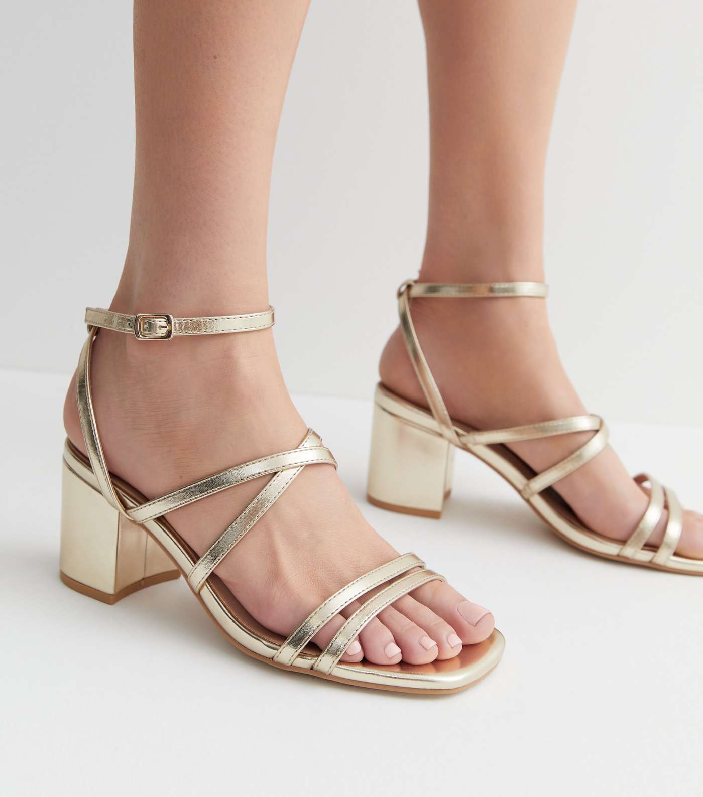 Extra Wide Fit Gold Strappy Mid Block Heel Sandals Image 2