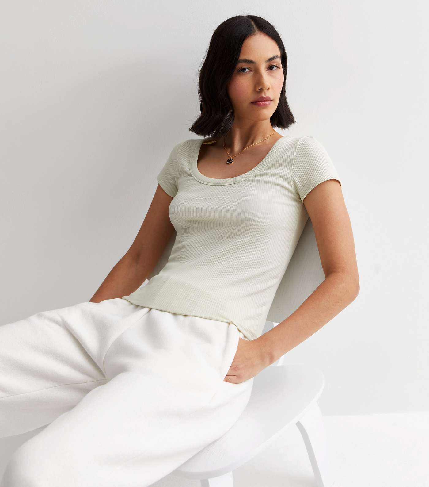 Light Green Ribbed Jersey Scoop Neck Top