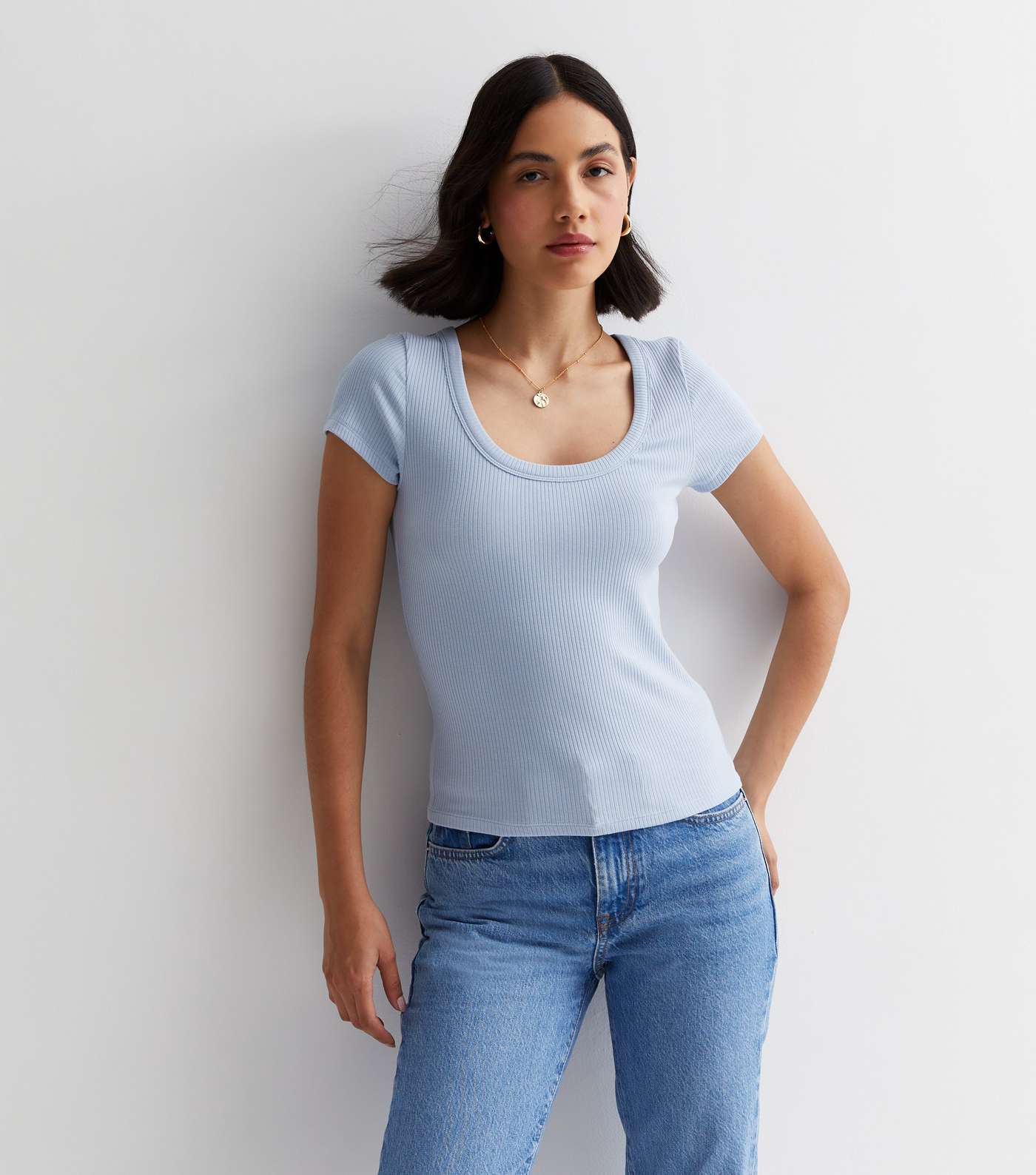 Pale Blue Ribbed Jersey Scoop Neck Top Image 2