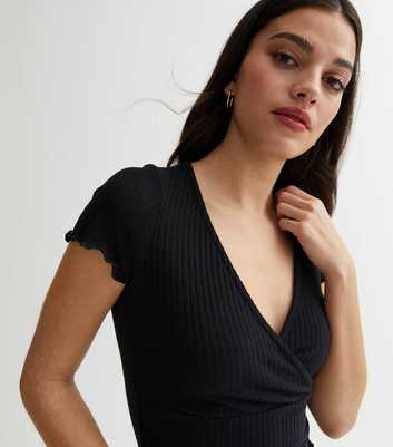 Black Ribbed Jersey Frill Short Sleeve Wrap Top