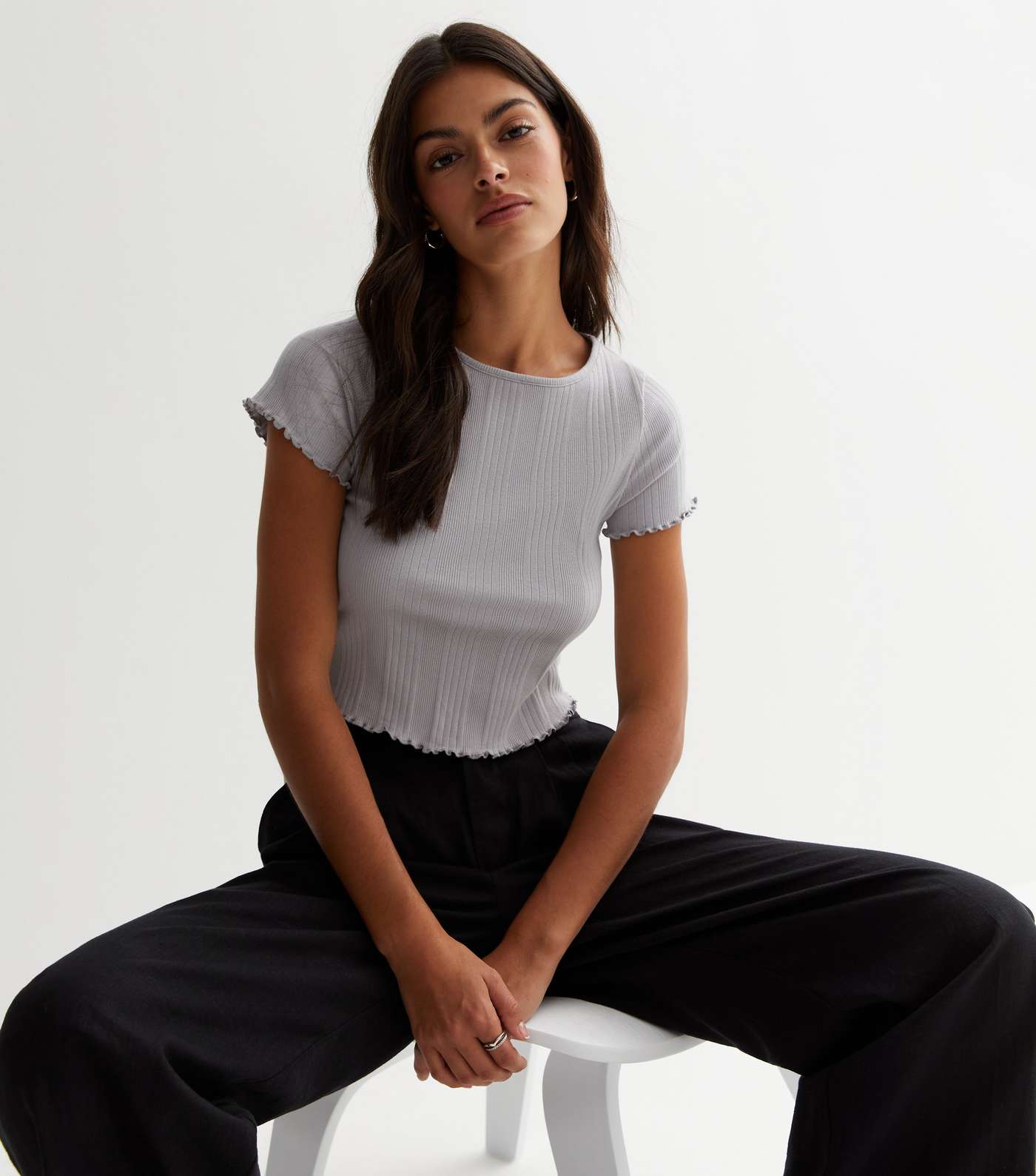 Pale Grey Ribbed Jersey Frill Trim Crop Top