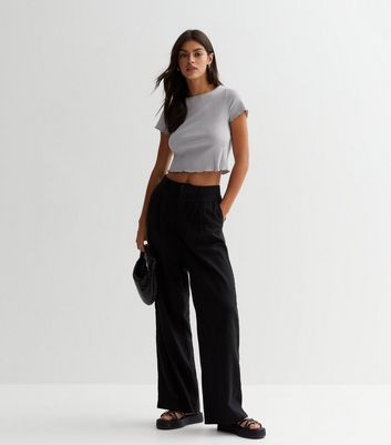 Pale Grey Ribbed Jersey Frill Trim Crop Top New Look