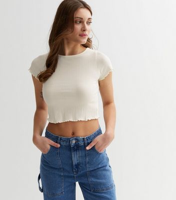 Stone Ribbed Jersey Frill Trim Crop Top