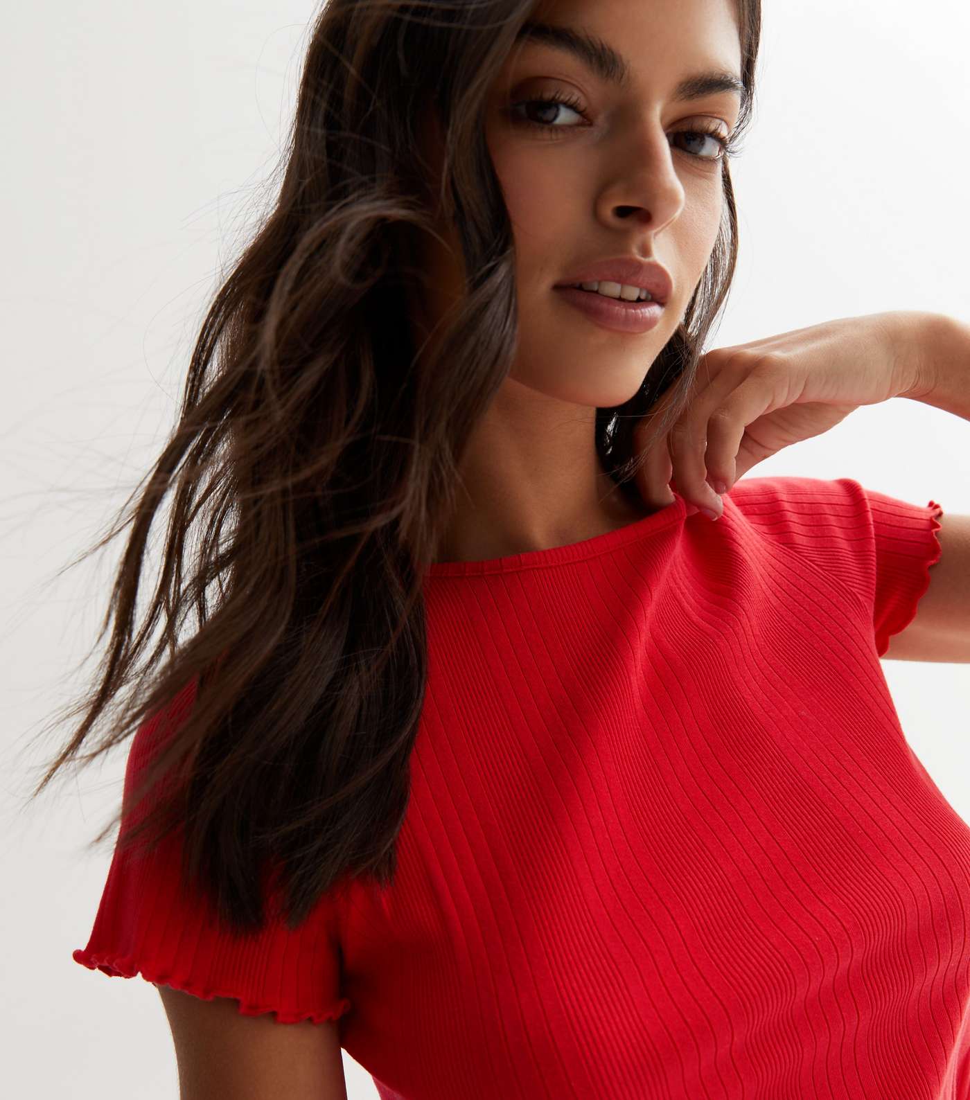 Red Ribbed Jersey Frill Trim Crop Top Image 2