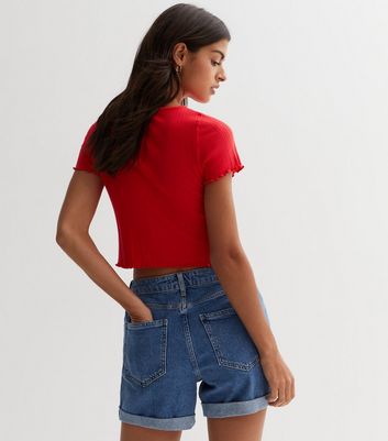 Red Ribbed Jersey Frill Trim Crop Top New Look