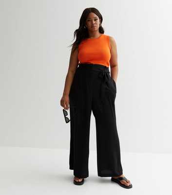Curves Black Wide Leg Paperbag Trousers