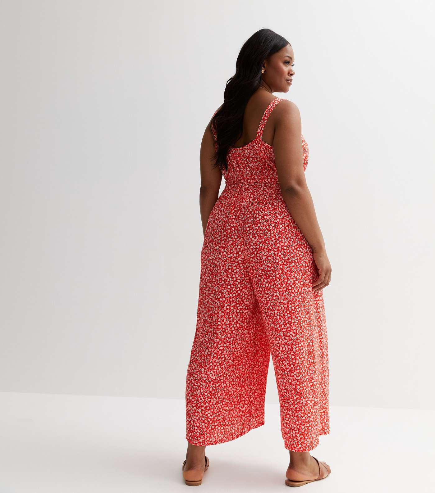 Curves Red Ditsy Floral Strappy Jumpsuit Image 4