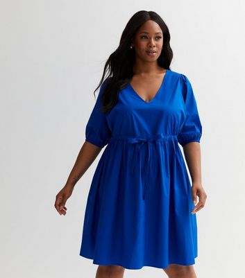 Curves Bright Blue Poplin Drawstring Mini Dress | New Look