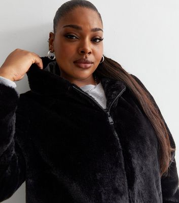 Curves Black Faux Fur Hooded Jacket New Look