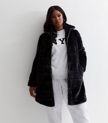 New look black outlet faux fur longline coat