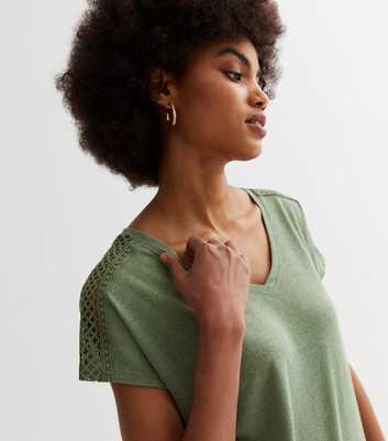 Khaki Crochet Sleeve Longline T-Shirt