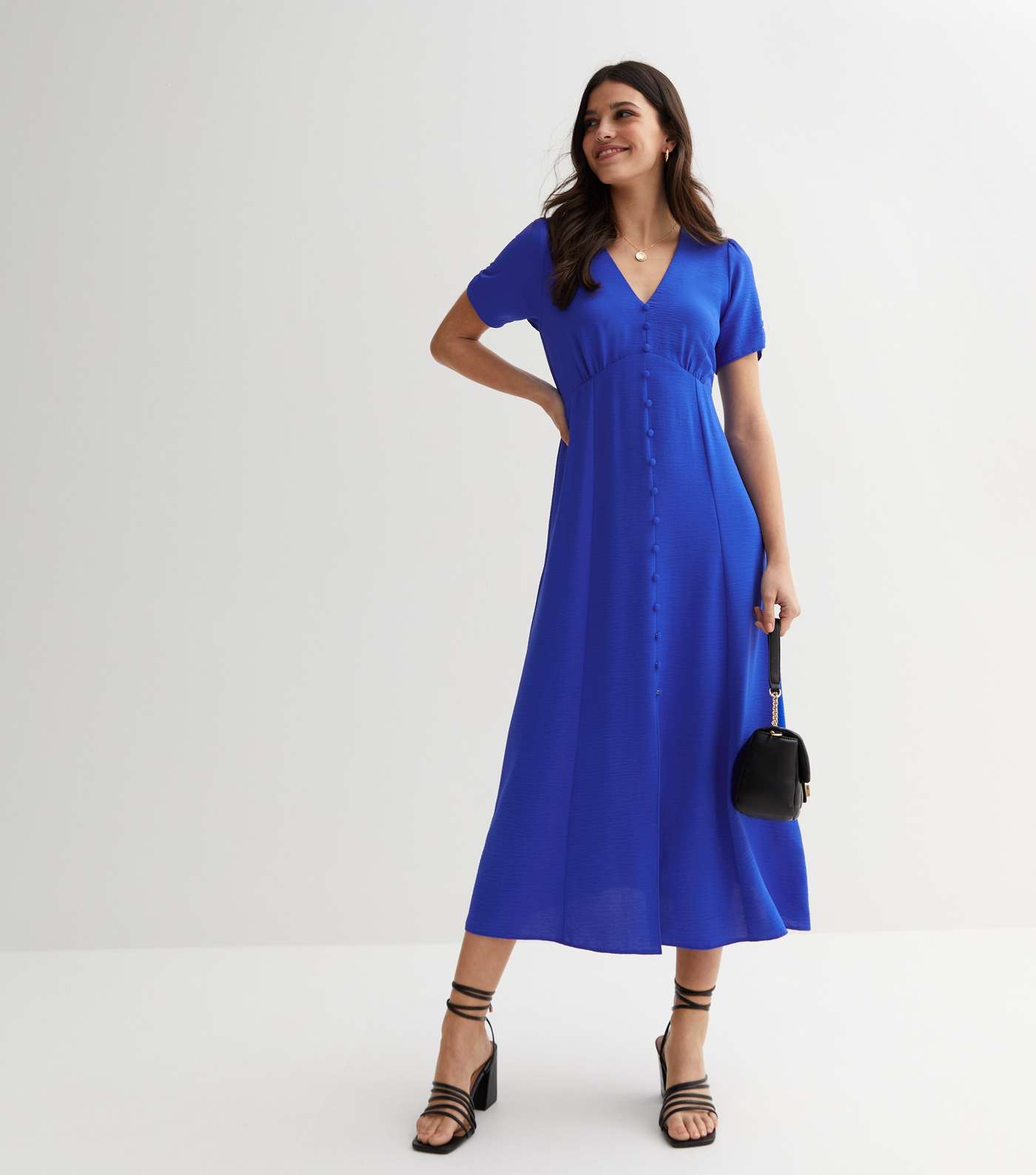 Bright Blue Ruched Puff Sleeve Button Front Midi Dress