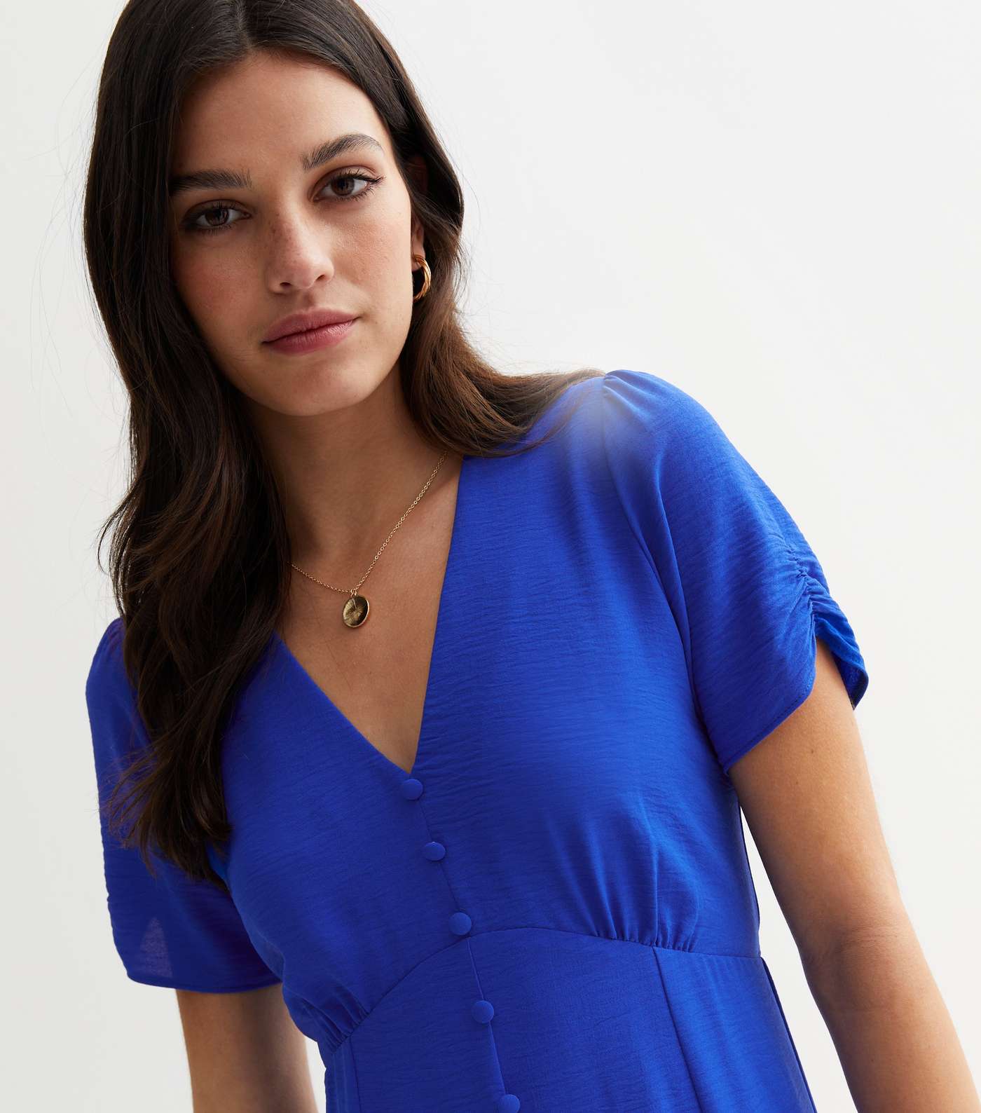 Bright Blue Ruched Puff Sleeve Button Front Midi Dress Image 3