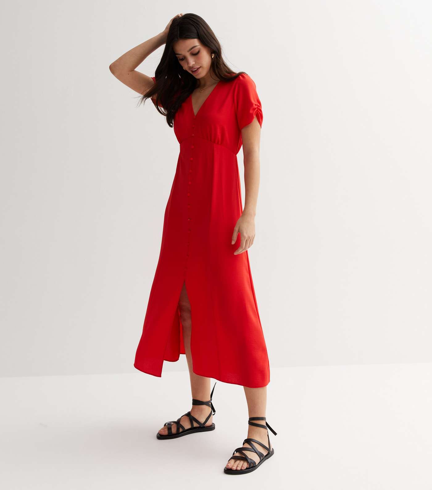 Red Ruched Puff Sleeve Button Front Midi Dress Image 2