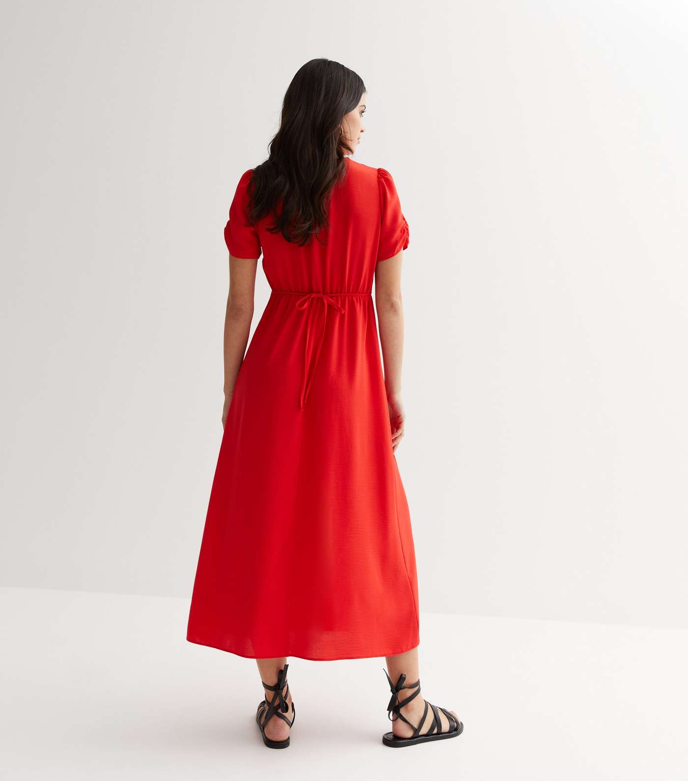 Red Ruched Puff Sleeve Button Front Midi Dress Image 4