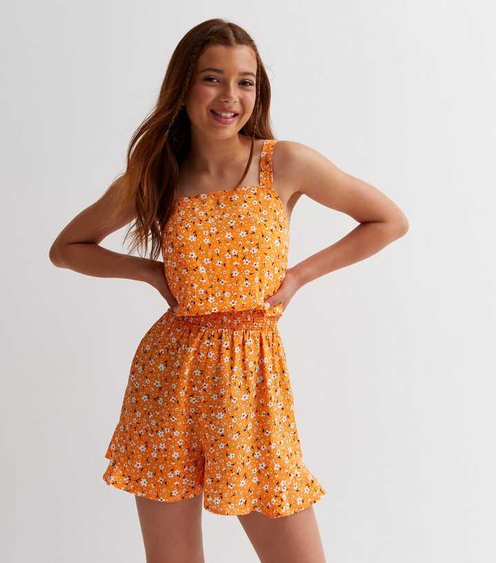 Girls Orange Ditsy Floral Strappy Frill Playsuit
