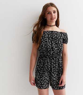 Girls Black Ditsy Floral Bardot Playsuit