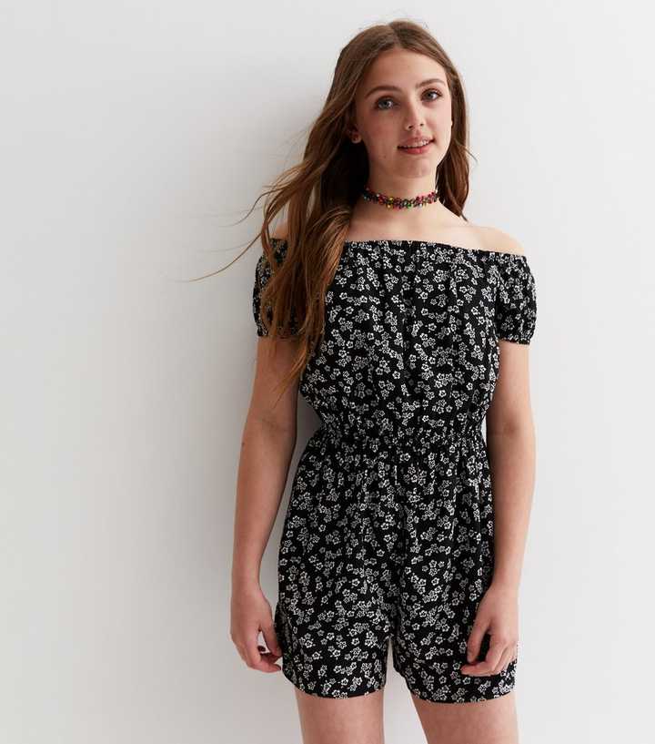 Girls Black Ditsy Floral Bardot Playsuit