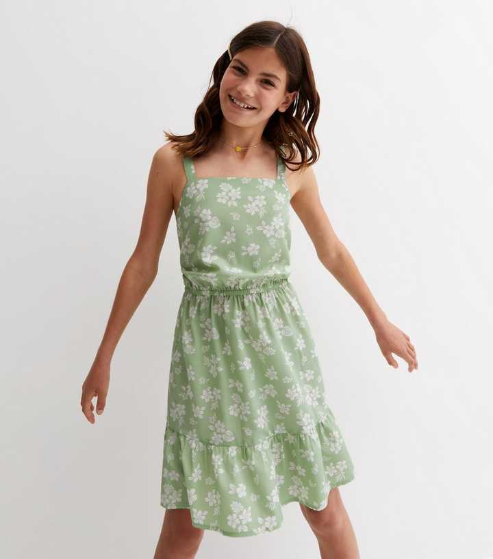 Girls Green Tropical Strappy Dress