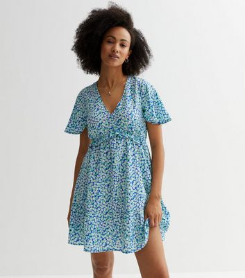 Tall Blue Floral Frill Mini Tea Dress New Look