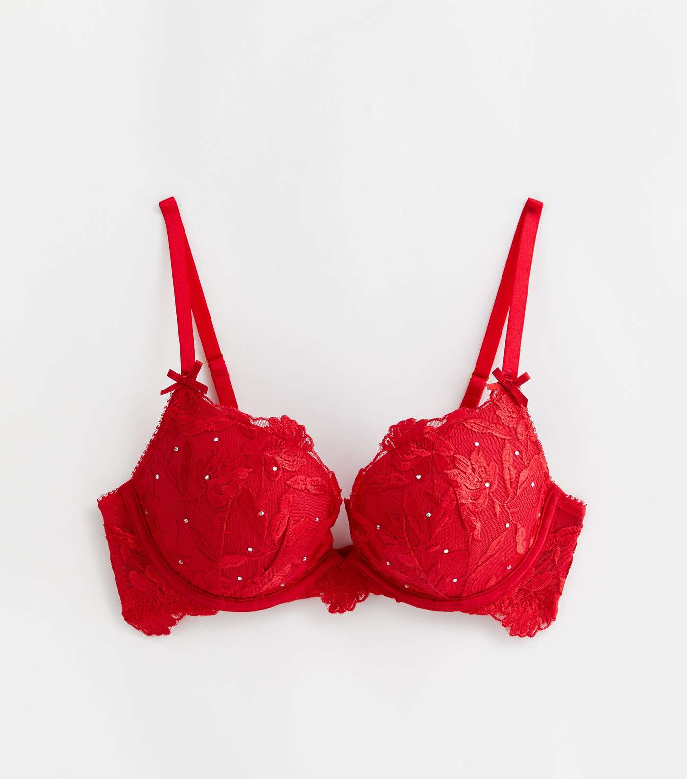 Red Floral Embroidered Diamanté Push Up Bra Image 5