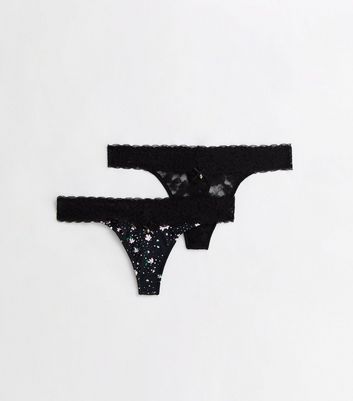 2 Pack Black Floral and Lace Thongs New Look