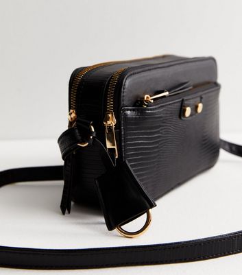 Black Faux Croc Cross Body Bag New Look