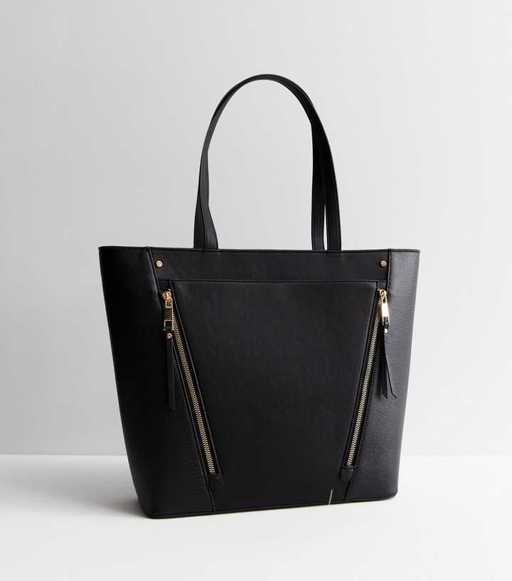 Black Leather-Look Diagonal Zip Tote Bag