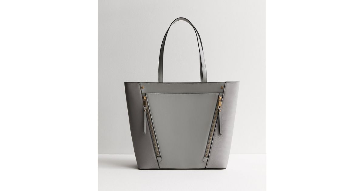 Grey Leather-Look Gold Zip Tote Bag